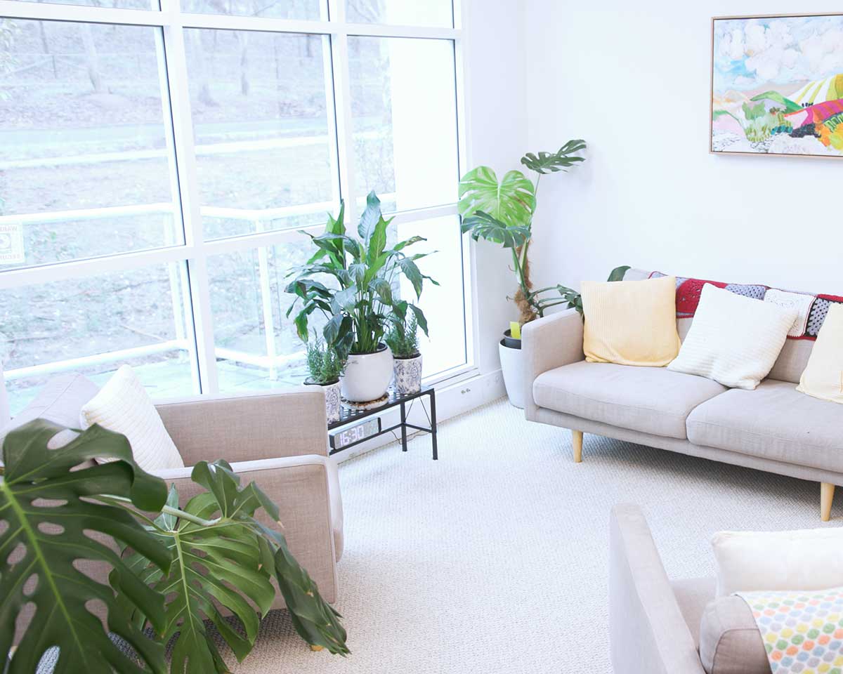 Bright and calming counselling room with comfortable seating and indoor plants at HeartSoundMind Consulting.